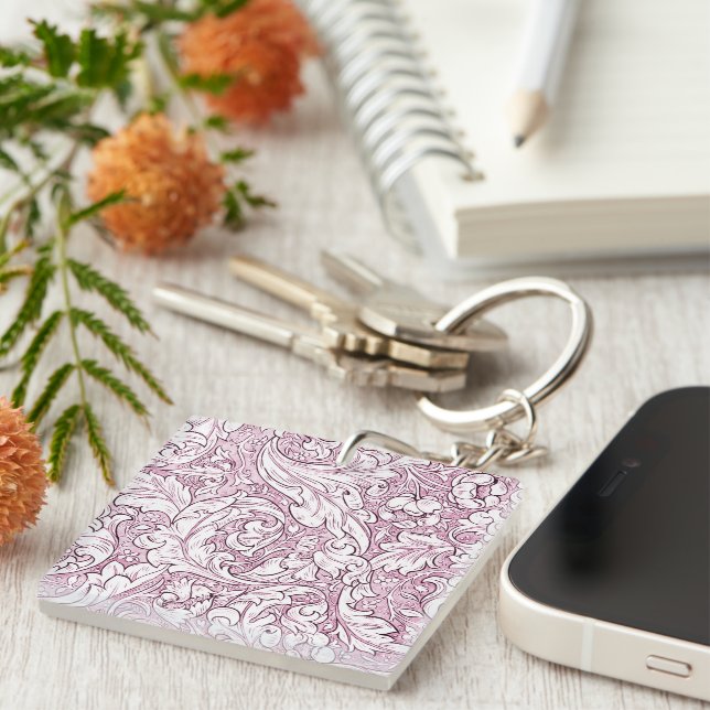 Rose Pink Baroque Ornate Foliage  Key Ring (Front Right)
