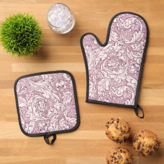Rose Pink Baroque Ornate Foliage Oven Mitt & Pot Holder Set