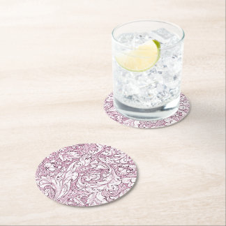 Rose Pink Baroque Ornate Foliage Round Paper Coaster
