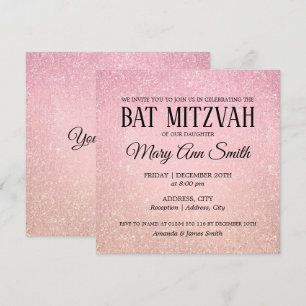 Rose Pink Bat Mitzvah Faux Glitter Paint Invitation