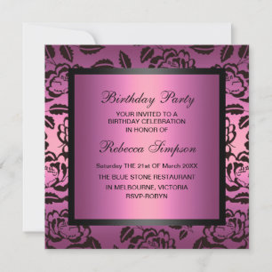 Rose Pink & Black Birthday Invitation