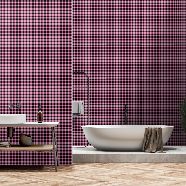 Rose Pink Black One Inch Lumberjack Buffalo Plaid Wallpaper (Bathroom)