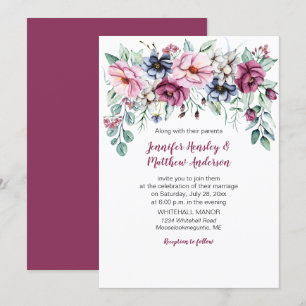 Rose, Pink, Blue Watercolor Floral Drop Wedding Invitation