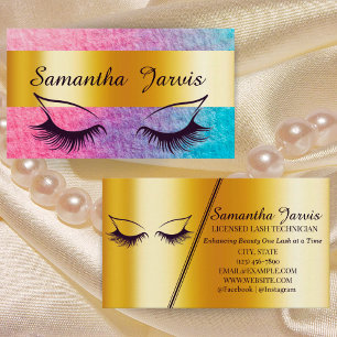 Rose Pink & Blue with Gold Foil Lash & Brow Look Business Card