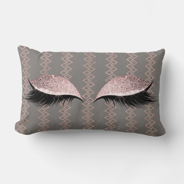 Rose Pink Blush Glitter Gray Glam Makeup Ethnic Lumbar Cushion (Front)