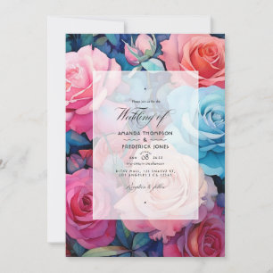 Rose Pink, Blush Pink, Turquoise and Blue Wedding Invitation