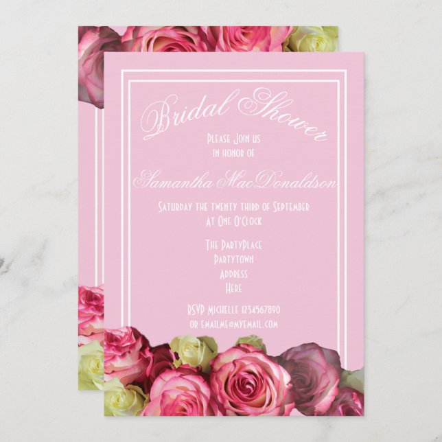 Rose pink border summer bridal shower invitation (Front/Back)