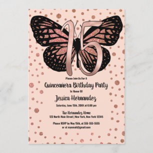 Rose Pink Butterfly Glitter Confetti Quinceañera Invitation