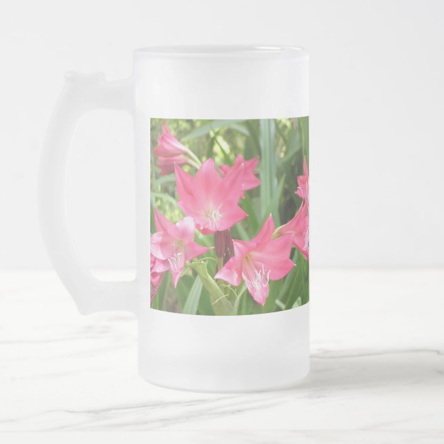 Rose pink Crinum Lilies Frosted Glasses Glass Beer Mug (Left)