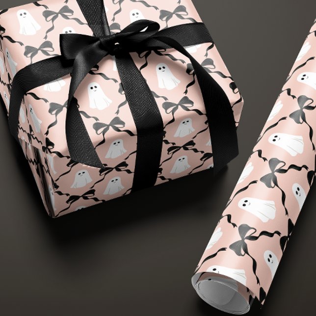 Rose Pink Cute Ghosts and Black Bows Halloween Wrapping Paper (light pink Halloween gift wrapping paper with a cute smiling ghost and black bow diamonds)