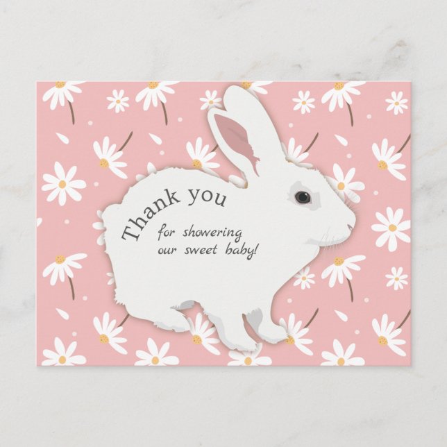 Rose Pink Daisies Bunny Baby Shower Thank You Postcard (Front)