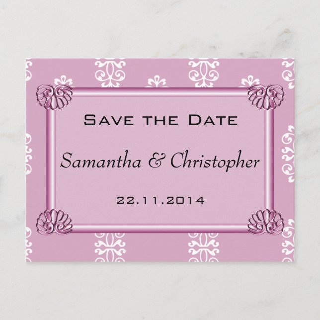 Rose Pink Damask Wedding Save the Date Announcement Postcard (Front)