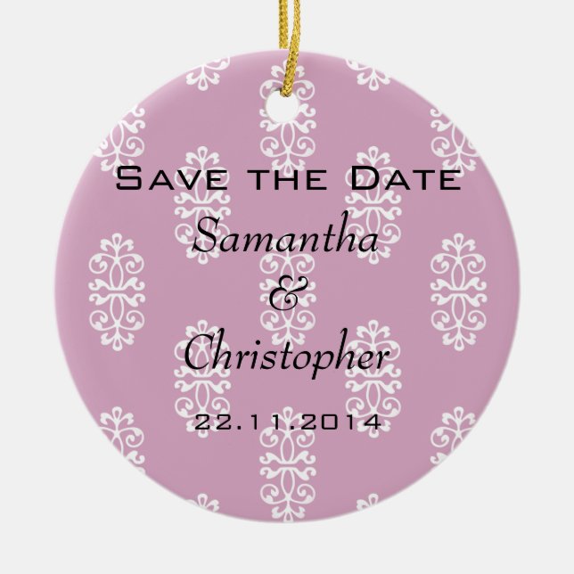 Rose Pink Damask Wedding Save the Date Ceramic Tree Decoration (Front)