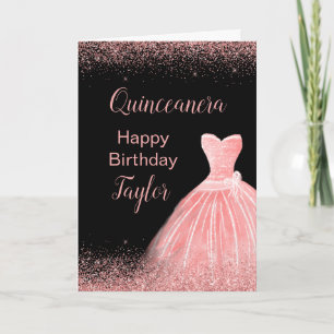 Rose Pink Dress Faux Glitter Quinceanera Card