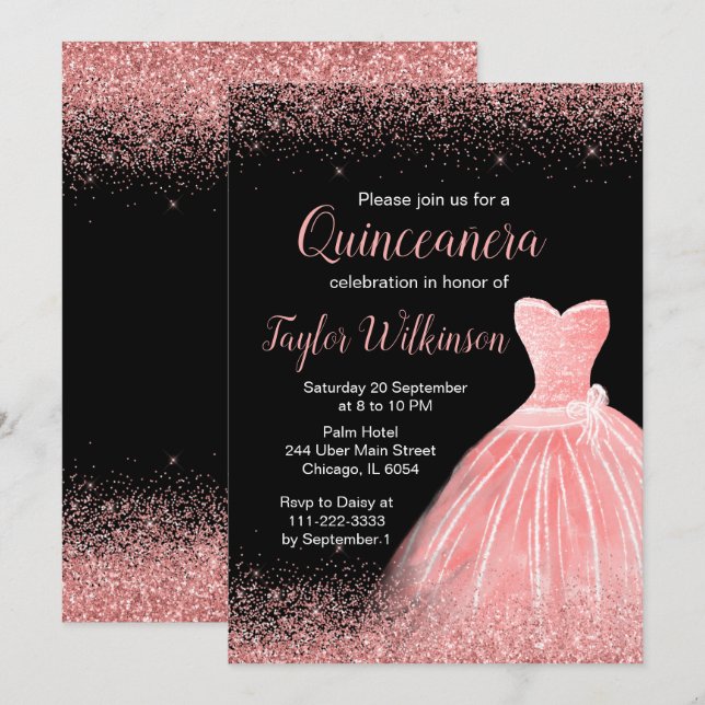 Rose Pink Dress Faux Glitter Quinceanera Invitation (Front/Back)