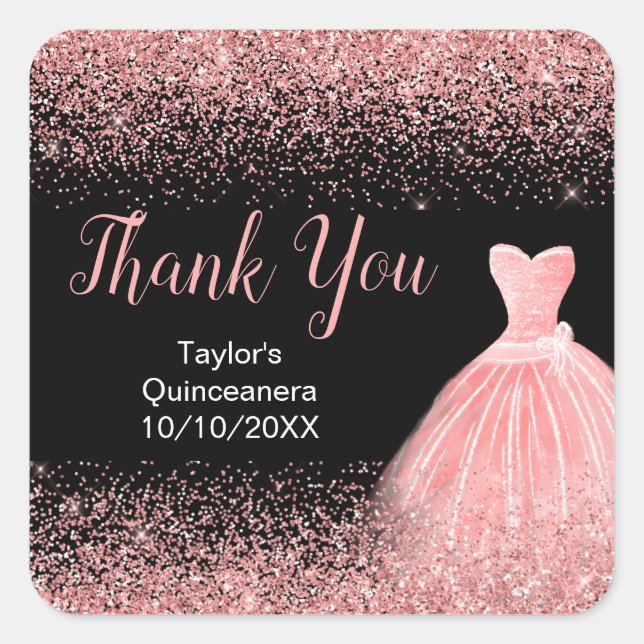 Rose Pink Dress Faux Glitter Quinceanera Square Sticker (Front)