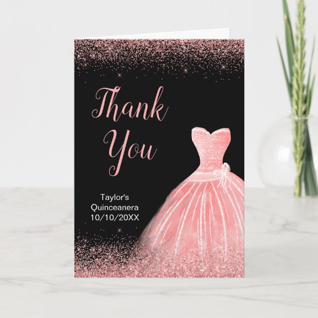 Rose Pink Dress Faux Glitter Quinceanera Thank You Card (Front)