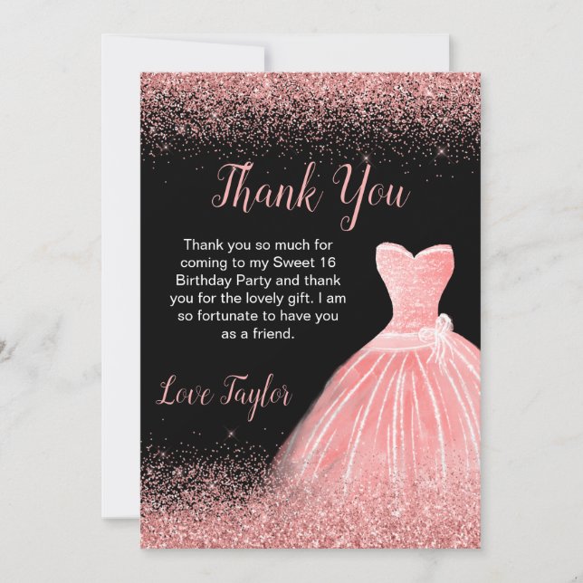 Rose Pink Dress Faux Glitter Sweet 16 Birthday Thank You Card (Front)