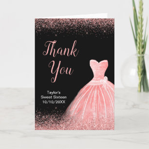 Rose Pink Dress Faux Glitter Sweet 16 Birthday Thank You Card