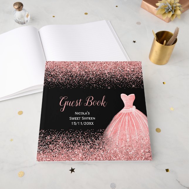 Rose Pink Dress Faux Glitter Sweet 16  Guest Book (Front Open)