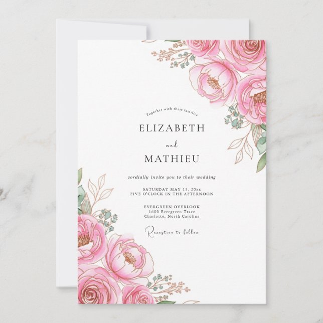Rose Pink Elegant Peony Wedding Invitation (Front)