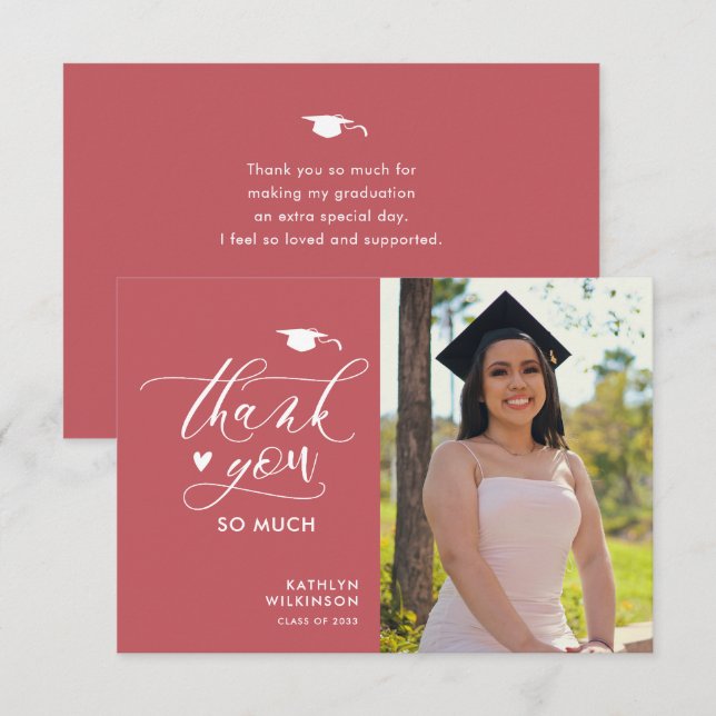 Rose Pink Elegant Script Photo Simple Graduation Thank You Card (Front/Back)