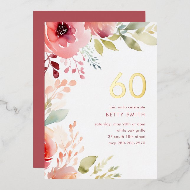 Rose Pink Floral 60th Birthday Invitation (Front/Back)
