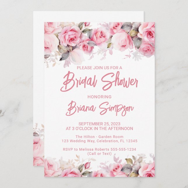Rose Pink Floral Bridal Shower  Invitation (Front/Back)