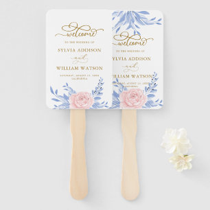Rose Pink Floral Gold Minimal Dusty Blue Wedding Hand Fan