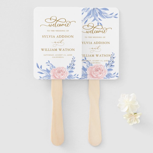 Rose Pink Floral Gold Minimal Dusty Blue Wedding Hand Fan (Front and Back)