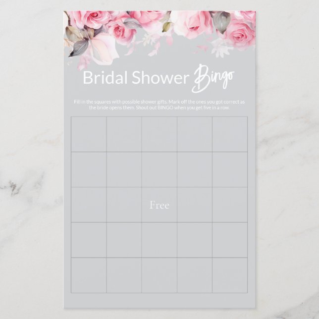 Rose Pink Floral Gray Bridal Shower Game BINGO (Front)
