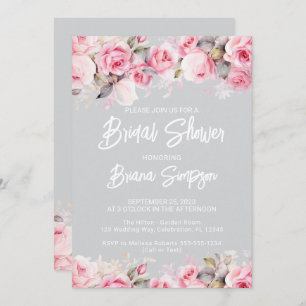 Rose Pink Floral Gray Bridal Shower  Invitation