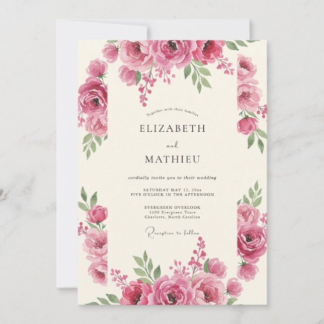 Rose Pink Floral Romance Wedding Invitation (Front)