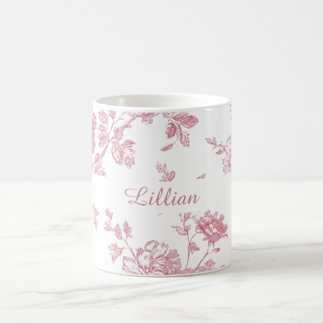 Rose Pink Floral Toile Pattern Personalized Name Coffee Mug (Center)