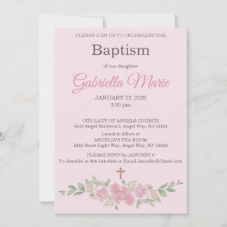 Rose Pink Floral Watercolor Cross Baptism Invitation