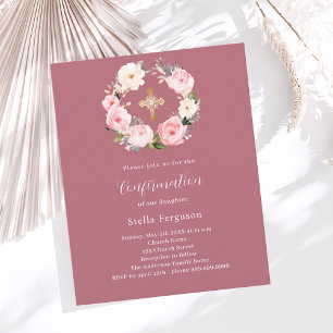 Rose pink florals wreath Confirmation invitation
