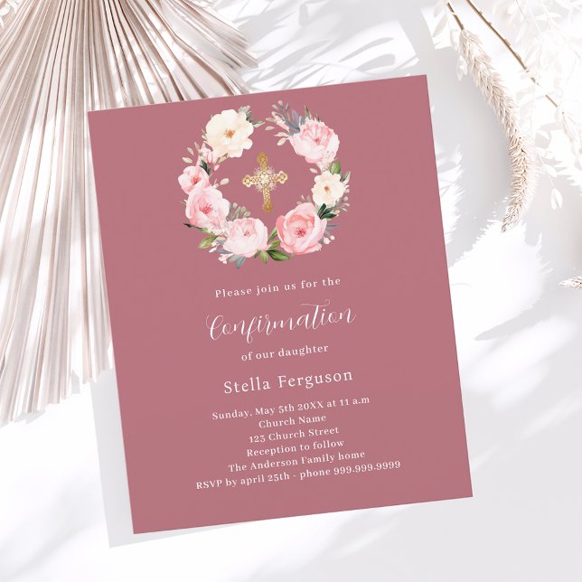 Rose pink florals wreath Confirmation invitation (Creator Uploaded)