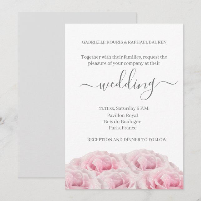 Rose Pink Flower White Grey Elegant Floral Wedding Invitation (Front/Back)