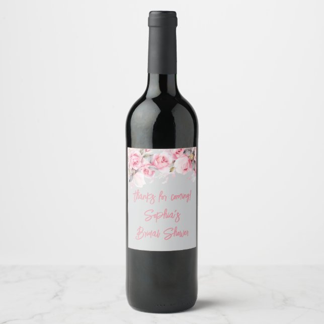 Rose Pink Flowers Floral Gray Shower Favors Wine Label (Front)