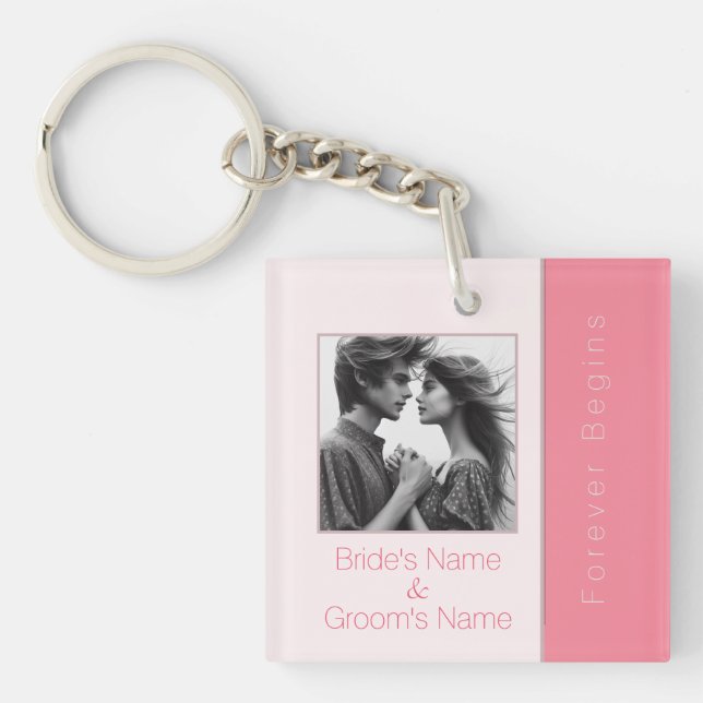 Rose Pink Forever Begins Elegant Photo Wedding Key Ring (Front)