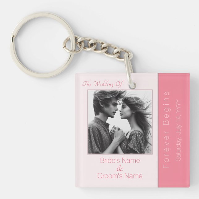 Rose Pink Forever Begins Modern Photo Wedding Key Ring (Front)