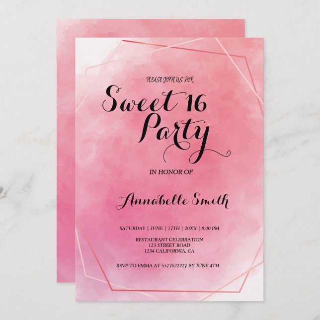Rose pink  frame watercolor  sweet 16 invitation (Front/Back)