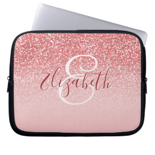 Rose Pink Glitter Blush Ombre Monogram Laptop Sleeve
