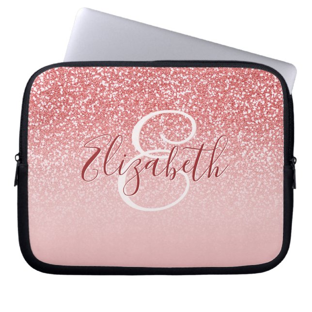 Rose Pink Glitter Blush Ombre Monogram Laptop Sleeve (Front)