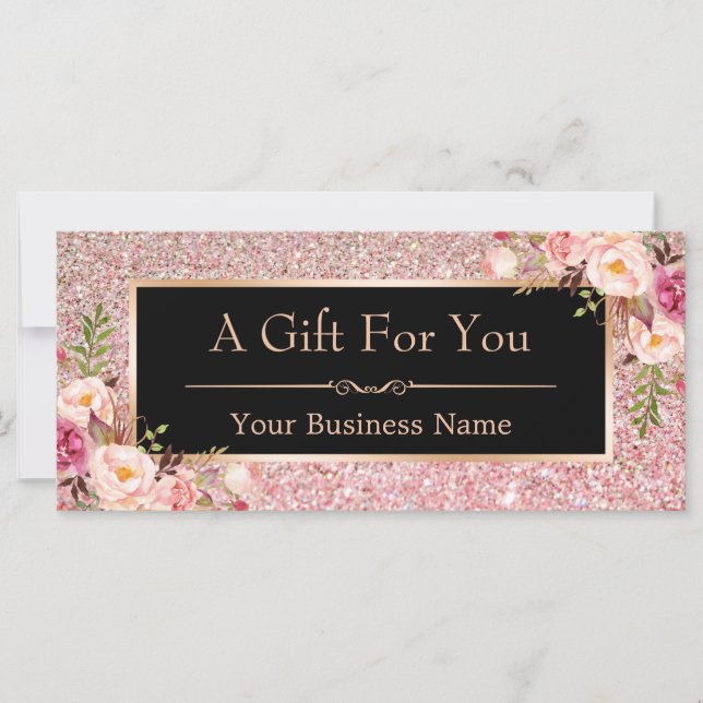 Rose Pink Glitter Floral Gift Certificate Card (Front)