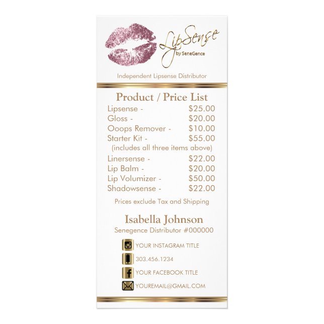 Rose Pink Glitter Lips - White -  Price List Rack Card (Front)