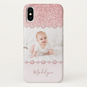 Rose Pink Glitter Rhinestone Name Photo iPhone X Case