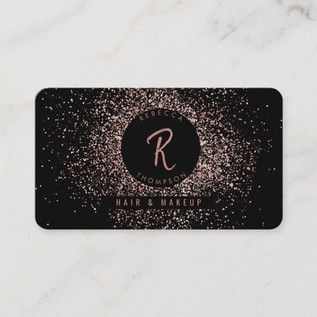 Rose Pink Gold & Black Glitter Frame Monogram Business Card (Front)