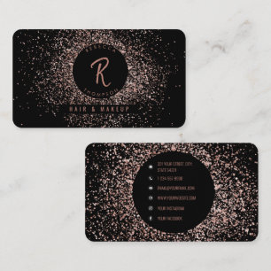 Rose Pink Gold & Black Glitter Frame Monogram Business Card