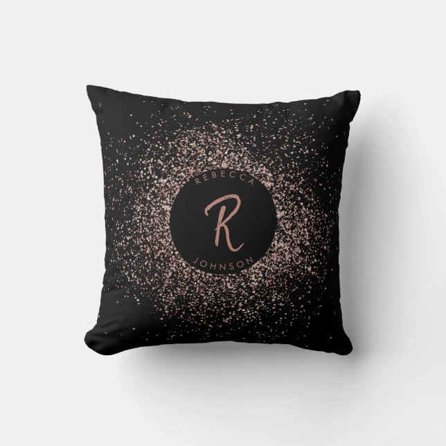 Rose Pink Gold & Black Glitter Frame Monogram Cushion (Front)
